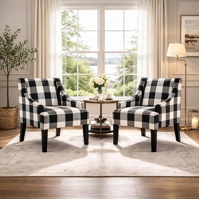 Homepop Home Decor | Upholstered Swoop Arm Accent Chair | Accent Chairs for Living Room & Bedroom | Decorative Home Furniture, Black Plaid