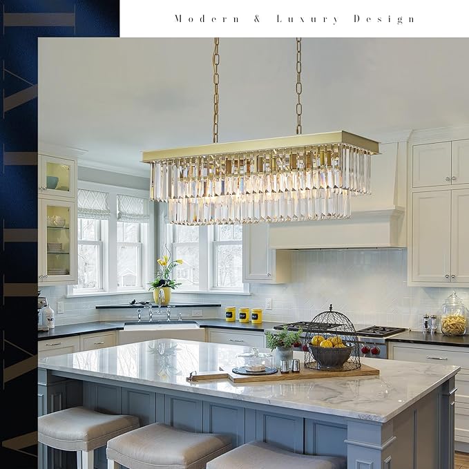 Rectangular Crystal Chandelier Gold for Dining Room Modern Chandelier Rectangle Linear Pendant Light Fixtures for Kitchen Island L33” K9 Luxury Long Chandelier for Living Room
