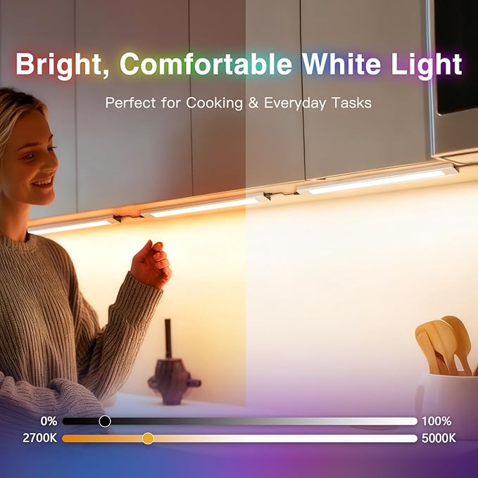VST 6Pack RGB Under Cabinet Lighting with Adjustable White Light, Ultra-Thin LED Light Bars, APP & Voice Control (Alexa/Google), Remote & Button Control, Linkable Lights for Kitchen Cabinets, Shelves