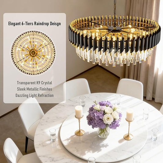 Black and Gold Crystal Chandelier Contemporary Large Crystals Chandeliers 30" with 6-Tier Sparkling K9 Crystals, Chandeliers for Dining Room Living Room Bedroom Foyer
