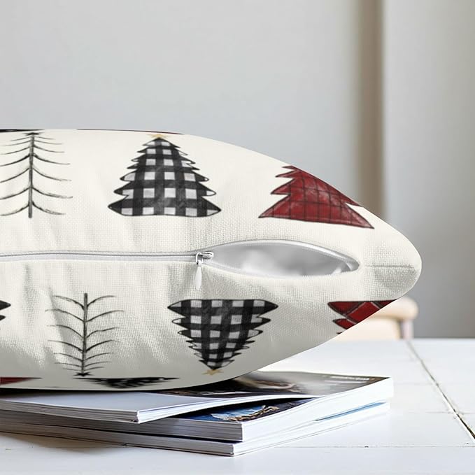 Buffalo Plaid Christmas Tree Pillow Covers 16x16 Set of 2 Red Black and White Xmas Decorative Outdoor Throw Pillow Cases Seasonal Farmhouse Cushion Case Winter Holiday Decor for Sofa Couch