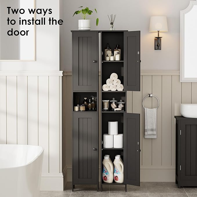 Tall Bathroom Storage Cabinet with 2 Doors, 67"H Narrow Storage Cabinet with Adjustable Shelves& Anti-Tip Design, Reversible Door Installation, Easy Assembly, 11.8 x 11.8 x 66.9 Inches, Black