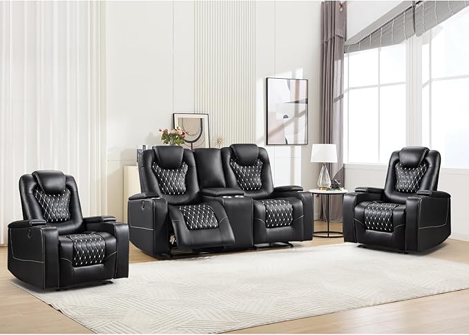ANJ Power Recliner Sofa Set, Faux Leather Reclining Living Room Furniture Set, Included 2PC Recliner Chair and Loveseat Sofa, Black