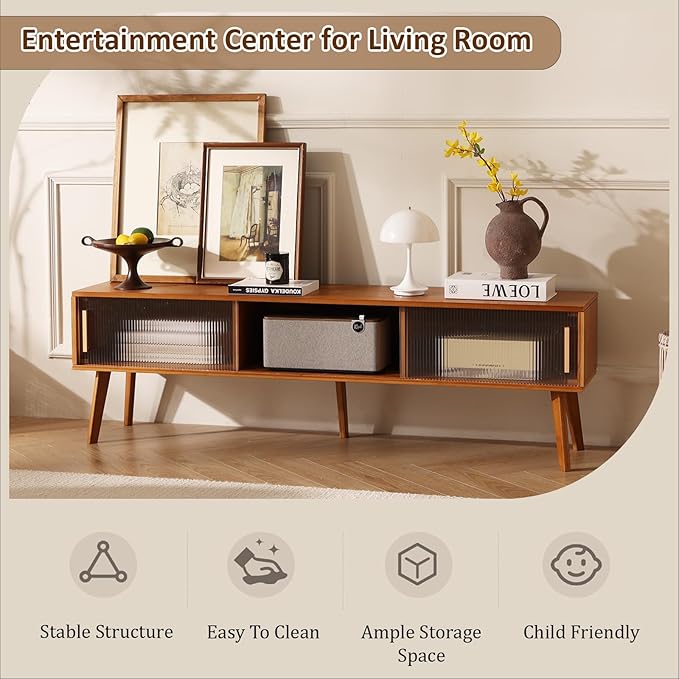 Bamboo TV Stand Entertainment Center tv Console, Mid-Century Modern Television Stand for 55-65 inch TVs, Wood TV Stand with Storage, Tv Stands for Living Room, Bedroom and Home Decor, Brown