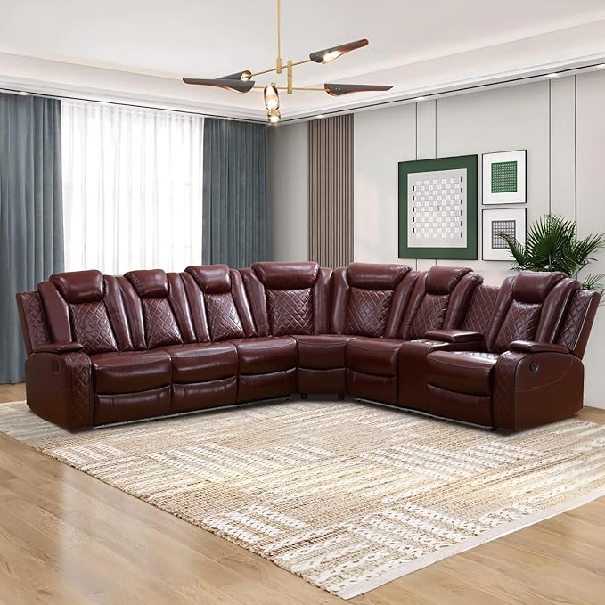 Power Recliner Sectional Sofa with LED Light, Breathing Leather Recliner Sofa Couch with Storage/Cup Holder for Living Room Home Office Theater (Red)