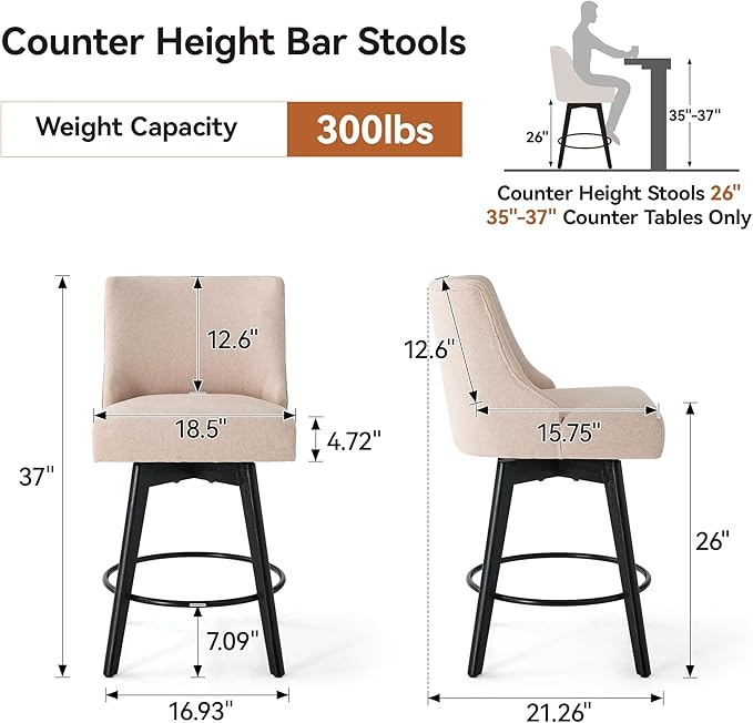 Vipbear Counter Height Bar Stools Set of 3, 26" H Swivel Bar Stools with Backs, Linen Fabric Upholstered Bar Chairs with Solid Wood Legs for Kitchen Island, Dining Room, Home Bar, Beige
