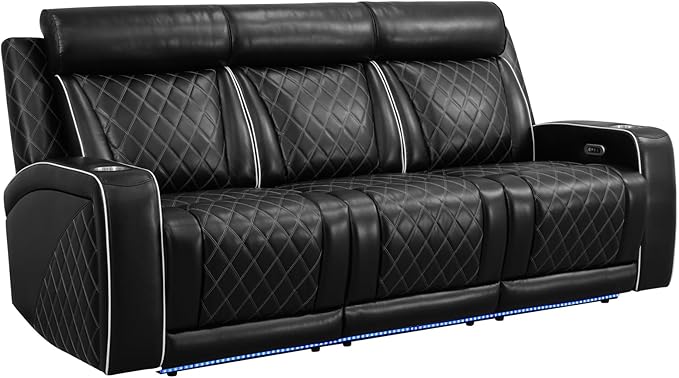 Power Recliner Sofa for Living Room, Air Leather Reclining Sofa 3 Seat with Flip-Down Middle Backrest, LED Lighting, USB Charging Port (Black)