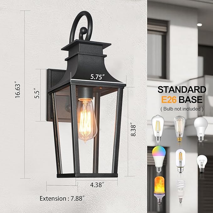 ALVIME Outdoor Sconce Lights, 17 Inch Matte Black Outdoor Wall Lantern, Waterproof Outside Light Fixtures for House, Entryway, Front Door, Porch, Patio, Garage, E26 Base&High Strength Clear Glass