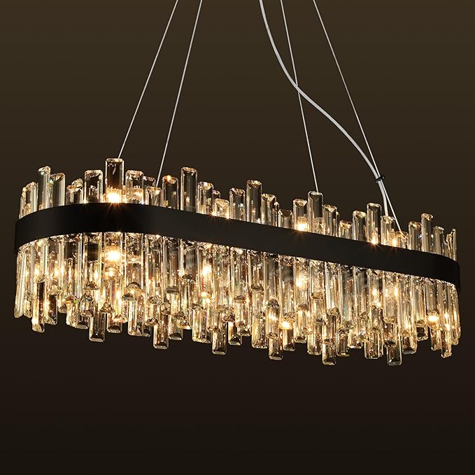 Black Crystal Chandeliers for Dining Room, 20 Lights Modern Oval Chandelier for Lining Room, Rectangular Crystal Pendant Light Fixture for Kitchen Island Bar L36 Inch