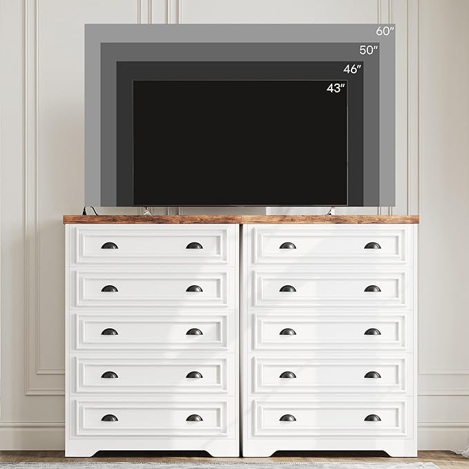 LIKIMIO 5-Drawer 43" Tall Dresser with Built-in Charging Station - Farmhouse Style Bedroom Storage Cabinet, Brown & White