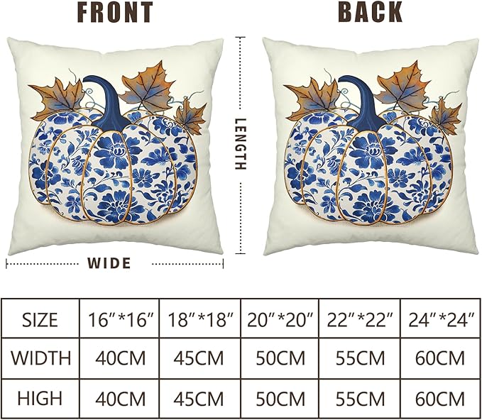 2 Pack Vintage Fall Blue Pumpkin Outdoor Pillow Covers 22x22 Inch Chinoiserie Autumn Thanksgiving Harvest Cushion Cases for Farmhouse Living Room Decor