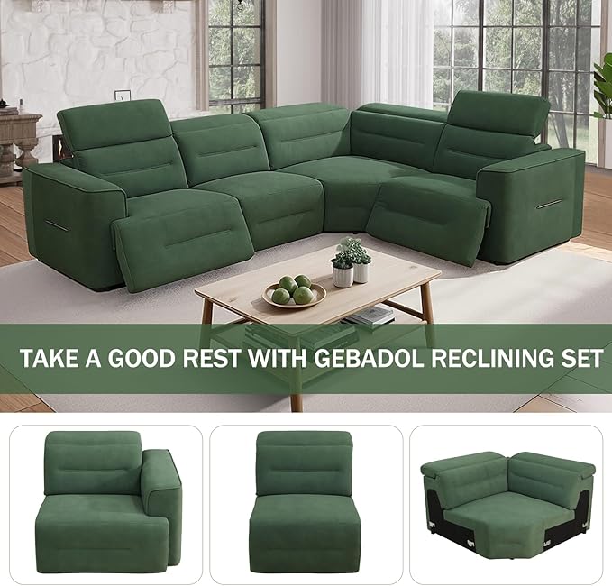 Power Recliner Sectional Sofa, L-Shaped Living Room Furniture Set, Green Flannel Sectional Sofa, Reclining Sectional Couch for Living Room/House/Apt (Green, 4 Seater)