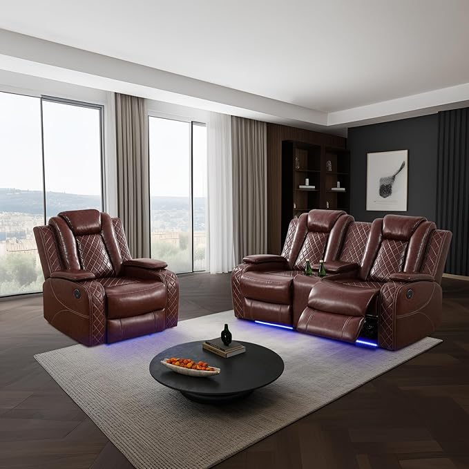Power Leather Recliner Sofa Set with LED Light,Reclining Loveseat and Chair Set with USB,Leather Couch Set for Loveseat with Storage Console/Single Recliner 2 PCS for Living Room(Red,2+1)