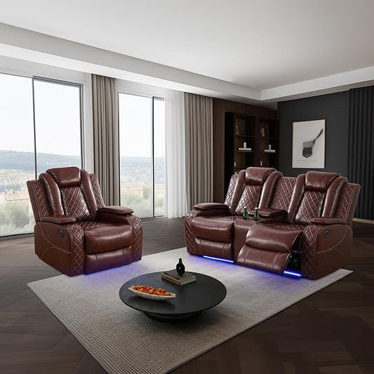 Power Leather Recliner Sofa Set with LED Light,Reclining Loveseat and Chair Set with USB,Leather Couch Set for Loveseat with Storage Console/Single Recliner 2 PCS for Living Room(Red,2+1)
