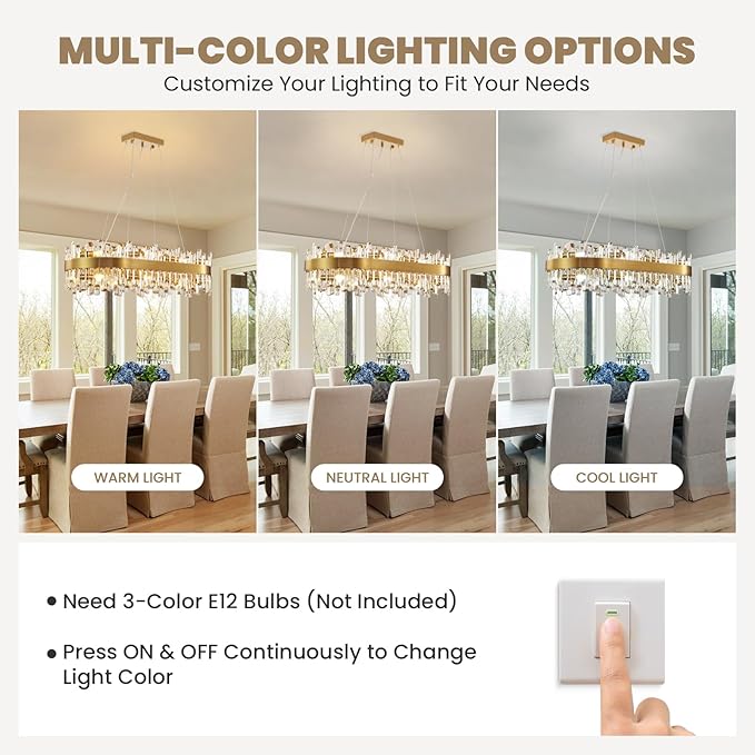 CROSSIO Modern Crystal Chandelier, 16-Light Rectangular Gold Crystal Chandelier for Dining Room, Luxury Oval 2-Tiers K9 Crystal Flush Mount Pendant Ceiling Light for Living Room Kitchen Island L35.4''