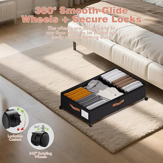 Under Bed Storage with Wheels - Rolling Underbed Containers with PVC Clear Lid & Dividers, 600D Oxford Fabric, PU Leather Handles, Adjustable Magic Tape Partition, XXL 66L (1, Black)