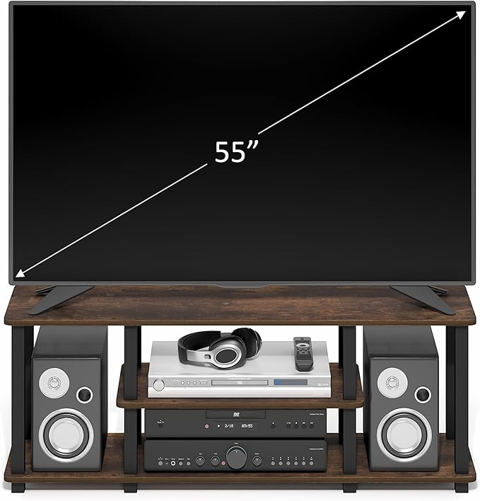 Furinno Turn-S-Tube TV Stand, 3-Tier Open Shelf Rectangular Entertainment Center, Open Frame TV Console for TV up to 50 Inch, Open Back, Toolless Assembly, for Living Room, Bedroom, Amber Pine
