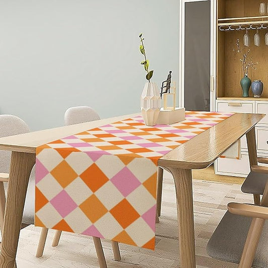 Retro 70s Hippie Table Runner Geometric Square Grid Yellow Orange Pink 1960s 1970s Vintage Country Farmhouse Dinner Runner for Living Room Kitchen Party Holiday 13x60in