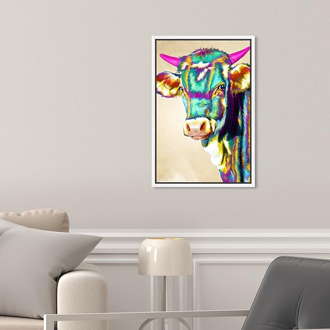 Country Farmhouse Canvas Print Painting Animal Wall Art 'Fun Colorful Glam Farm Cow' White Framed Canvas Rustic Home Décor 10x15 in Green, Pink by Oliver Gal
