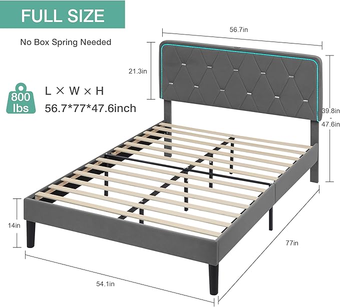 VECELO Upholstered Full Bed Frame with Headboard Adjustable, Velvet Platform Bed with LED Lights, Charging Station, Mattress Foundation with Wooden Slats, Noise Free, No Box Spring Needed, Dark Grey