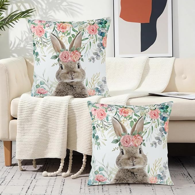 Easter Bunny Outdoor Pillow Covers 20x20 Set of 2 Easter Eucalyptus Leaves Rabbit Throw Pillow Case Spring Watercolor Rose Floral Farmhouse Pillowcase for Home Couch Sofa Decor