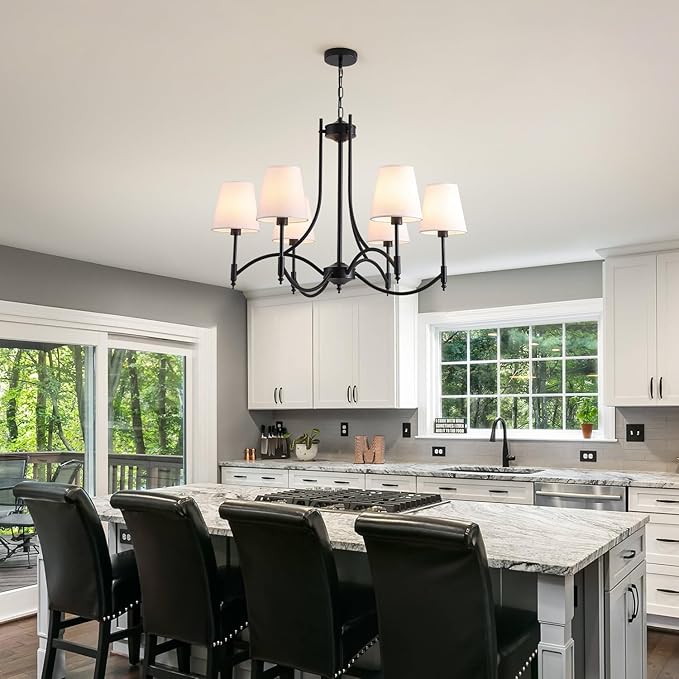 Black Farmhouse Chandelier for Dining Room， 6-Lights with White Fabric Shade Dining Room Light Fixtures，Rustic Industrial Chandelier for Living Room Kitchen Island Foyer