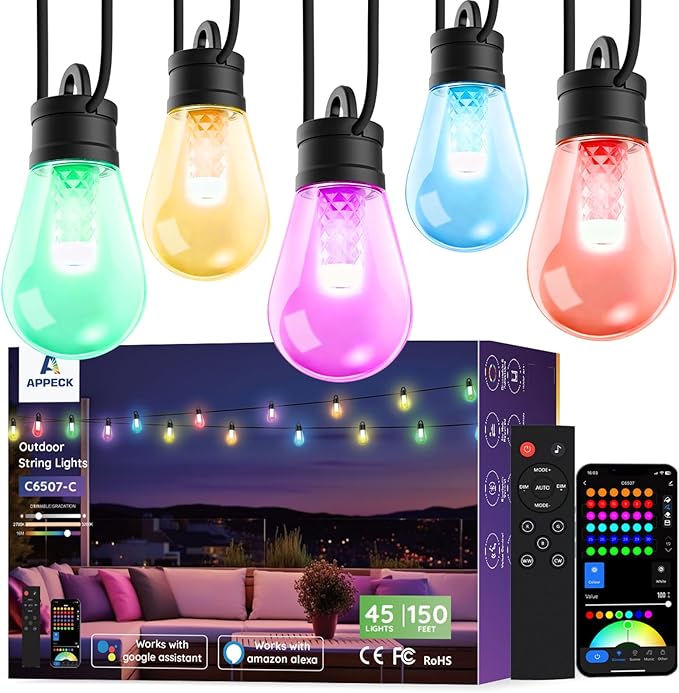 APPECK Outdoor String Lights, 150ft Smart RGBW Outdoor Patio Lights with 45 LED Bulbs, Extendable, 111 Scene Modes, IP65 Waterproof Lighting for Outside, Dimmable Warm White, Compatible with Alexa