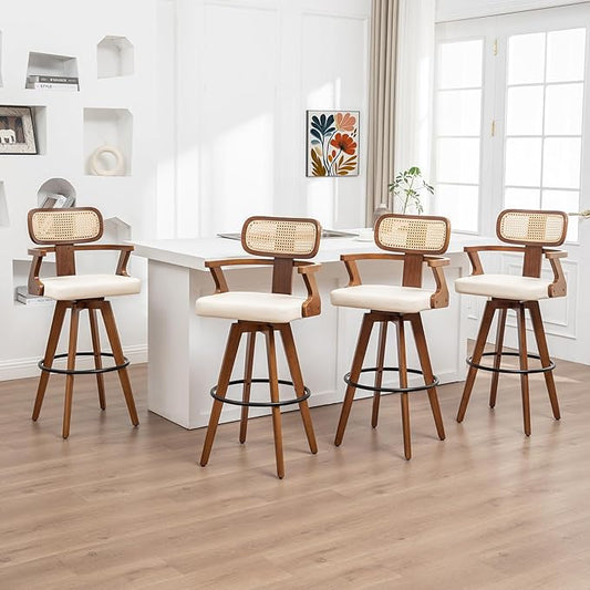 Set of 4 Counter Height Bar Stools - 27 inch Swivel Counter Stools with Walnut Craftsmanship, Cane Back, Upholstered Faux Leather, Kitchen Island Stools for Island/Pub/Kitchen (27" Seat Height, Beige)