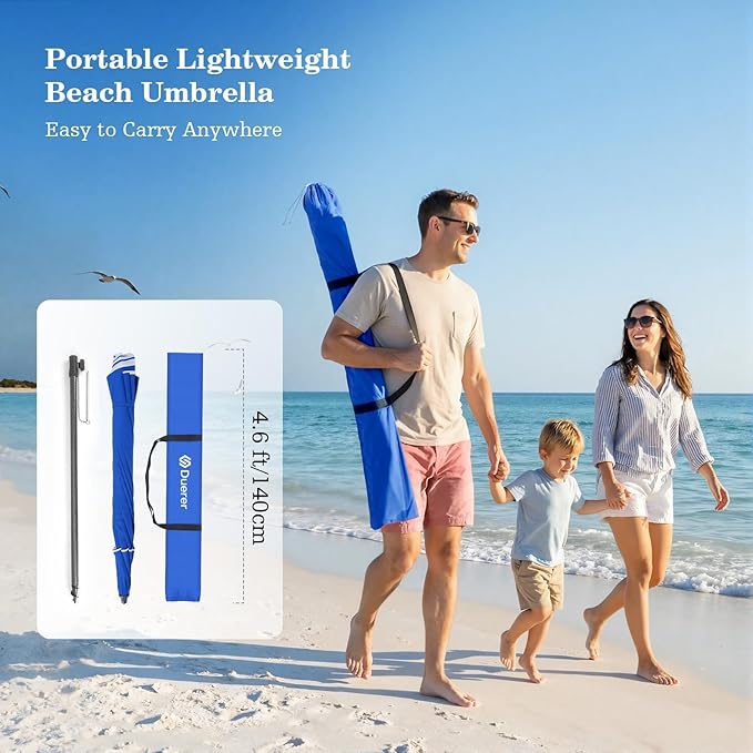Duerer 8.5FT Beach Umbrella with Sand Anchor–Heavy Duty Wind Resistant UPF 50+ Sun Shade, Portable Travel Beach Umbrella with Tilt & Carry Bag for Beach, Sand, Garden, Patio, Pool (Navy Blue)