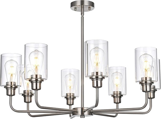 8-Light Brushed Nickel Chandelier with Clear Glass Shades, E26 Base Modern Pendant Light Fixture, Adjustable Swivel Heads Ceiling Lighting, Farmhouse Chandelier for Dining Room Kitchen Hallway
