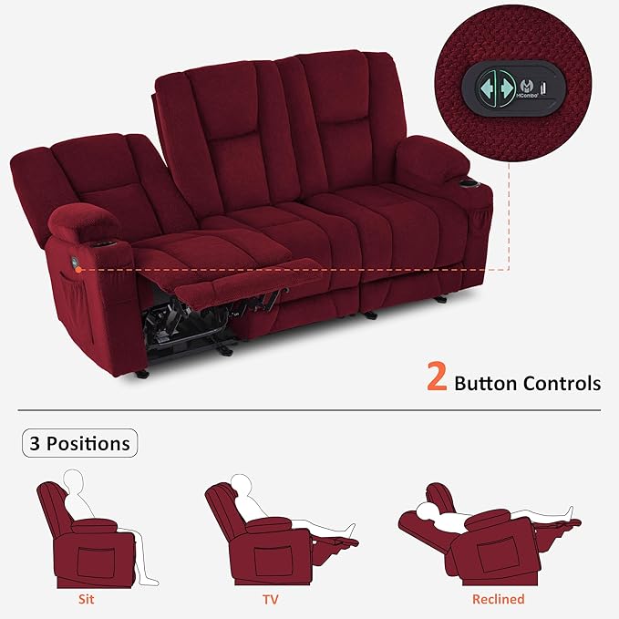 MCombo Zero Gravity 3 Seater Power Reclining Sofa with Heat and Vibration Massage, Recliner Couch for Living Room, Fabric 6035SET (Burgundy, 3 Seater)