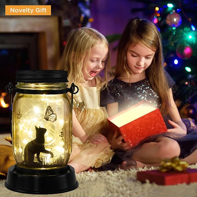 Cat Lover Gifts for Mom/Grandma/Women/Sister Cat Butterfly Solar Light Gifts Mother Day Gift Solar Lanterns Outdoor Waterproof Fairy Lights Led Mason Jar Hanging Cat Lamps Decor for Garden Yard Patio