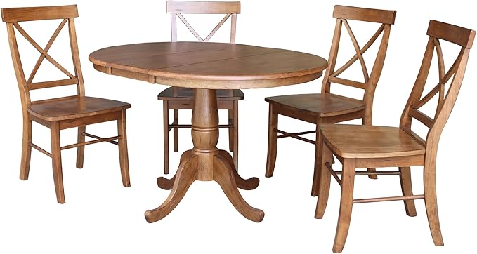 IC INTERNATIONAL CONCEPTS 36" Solid Wood Round Extension Dining Table with 4 Chairs in Oak