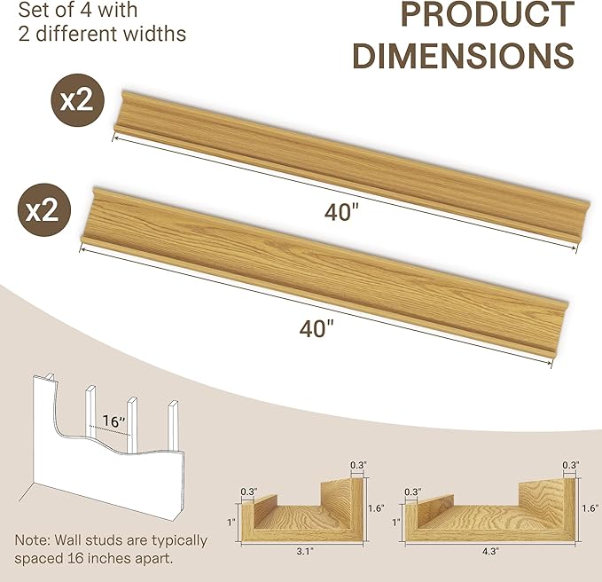 Fun Memories 40 Inch Floating Shelves for Wall - Wall Shelves with Lip Set of 4 - Nursery Bookshelf for Storage - Picture Ledge Shelf for Bedroom - Living Room - Kitchen - Oak Color