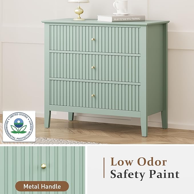 Large Sage Green 3 Drawer Dresser, Painted 30 Inch Tall Wood Nightstand with Storage, Wide Modern Chest of Drawers with Ball Bearing Slide for Bedroom Hallway Living Room Entryway Office