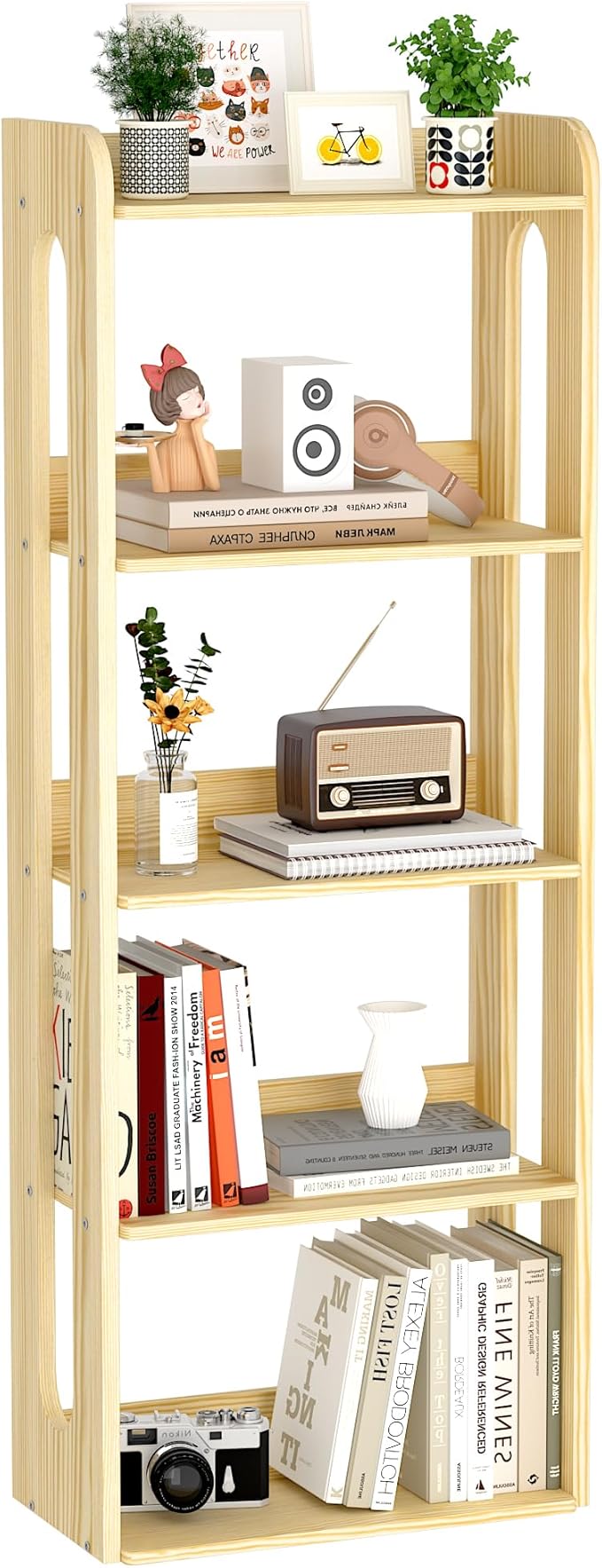5 Tier Tall Solid Wood Bookshelf - Narrow Open Shelf Wooden Bookcase, Floor Standing Display Storage Rack Bookshelves, Large Rustic Corner Book Storage Organizer for Bedroom, Study Home Office