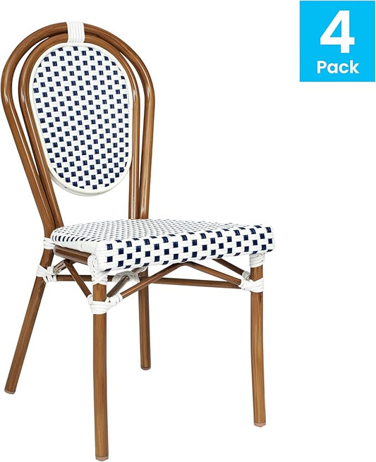 Flash Furniture Lourdes Indoor/Outdoor Commercial Thonet Bistro Stack Chair - White/Navy PE Rattan Back and Seat - Natural Bamboo Print Metal Frame - Set of 4