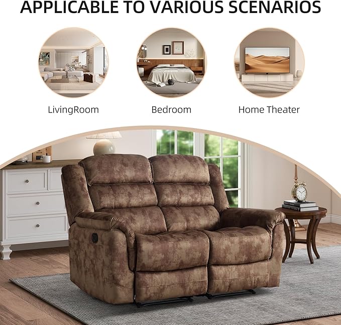 EBELLO 2 Pieces Loveseat Reclining Couch Furniture Set, Soft Fabric Manual Recliner Sofa Home Theater Seating, Manual Recliner and Wide 2PC Bonded Sofa Set for Living Room, Brown