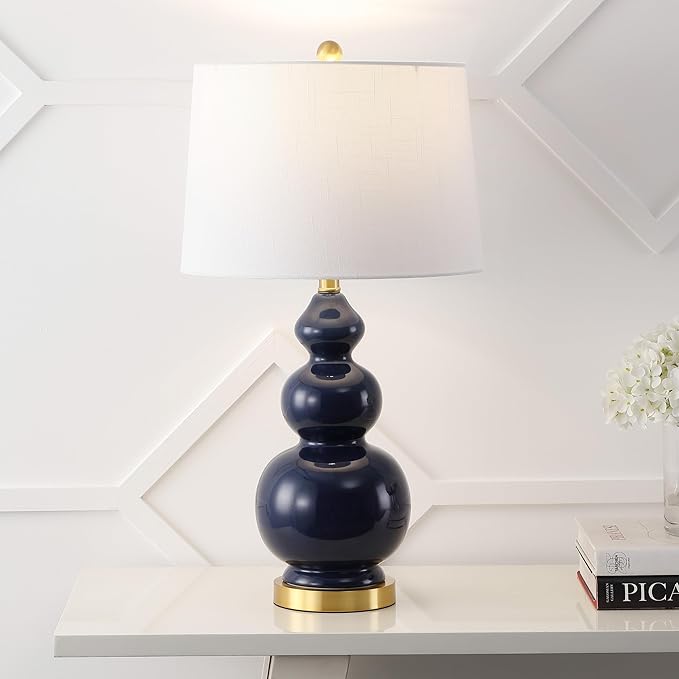 JONATHAN Y 27.5" Navy/Brass Gold Modern Ceramic Gourd Table Lamp for Living Room, Large Bedside Nightstand Lamp for Bedroom, White Linen Drum Shade, LED Bulb Included (JYL4023B)