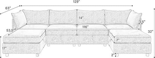 129-Inch U-Shaped 6 Seat Modular Sofa Deep Seat Storage Sectional Sofa Couch Free Combination with Movable Ottomans ,6 Seat Chenille Upholstered U-Shaped Convertible Sleeper Couch for Home Apartment | Space Saving