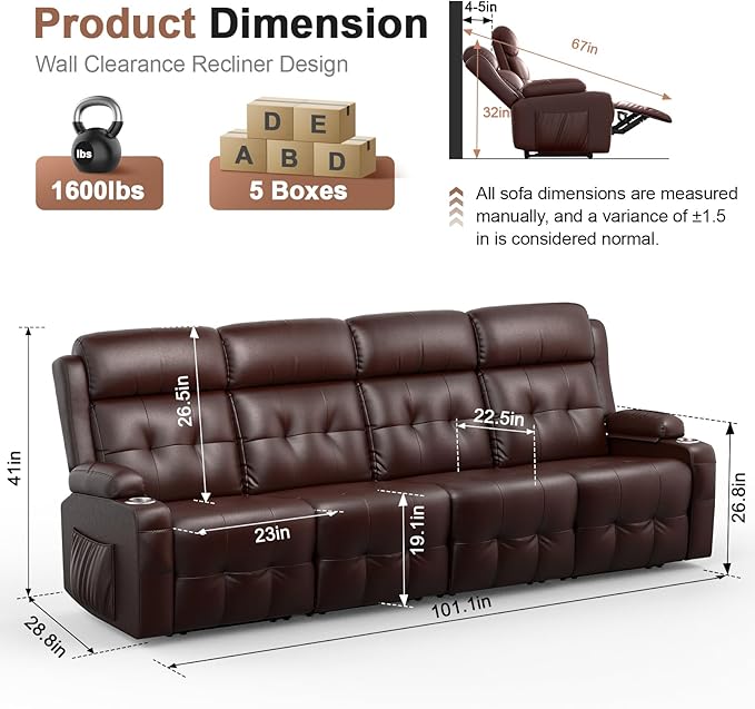 Recliner Sofa, Massage Reclining Sofa 4 Seater Sets Heavy Weight Capacity, RV Loveseat Clearance with Storage, Cup Holders, Wall Hugger Couches for Living Room