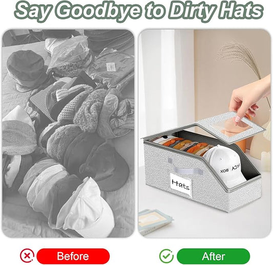 Hat Organizer for Baseball Caps 1PCS Stackable Storage with Clear Window Lid, Flip-Top Access, Space-Saving Hat Box for Closet, Breathable Fabric (Grey)