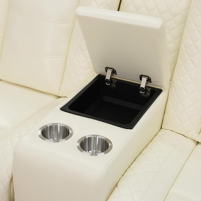 Leather Power Recliner Loveseat with LED Lights, Home Theater Reclining Sofa Loveseat, 2 Seater Reclining Couch with Storage/Cup Holders/USB Port for Living Room/Bedroom/Office, Cream White