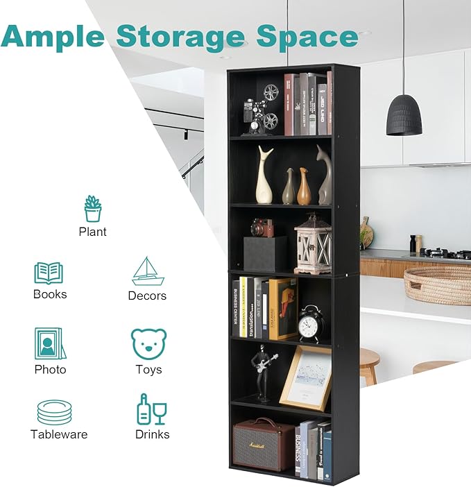 71.5" Tall Bookshelves and Bookcases Set of 2, 6 Tier Display Storage Shelves Home Decor Furniture for Home Office, Living Room, Bed Room (Black, 21.9" Wide)