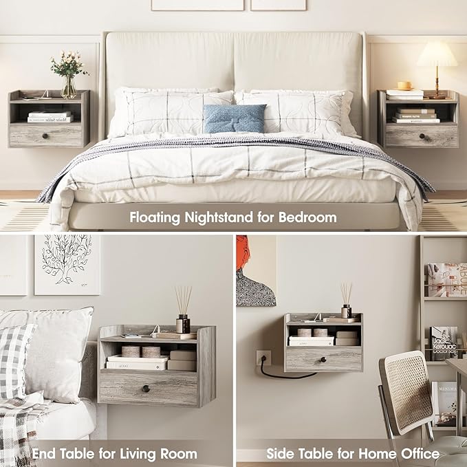 Floating Nightstand Set of 2 Modern Night Stands with Drawer and Open Shelf Cubby Small Bedside End Table with Charging Station Wall Mounted Nightstands Set 2 for Bedroom Grey
