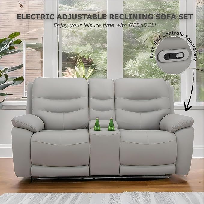 Power Reclining Loveseat, 2-Seater Genuine Leather Recliner Couch, Light Grey Top Grain Leather Sofa with Cup Holders/Storage/USB Port for Living Room, Apartment, Office