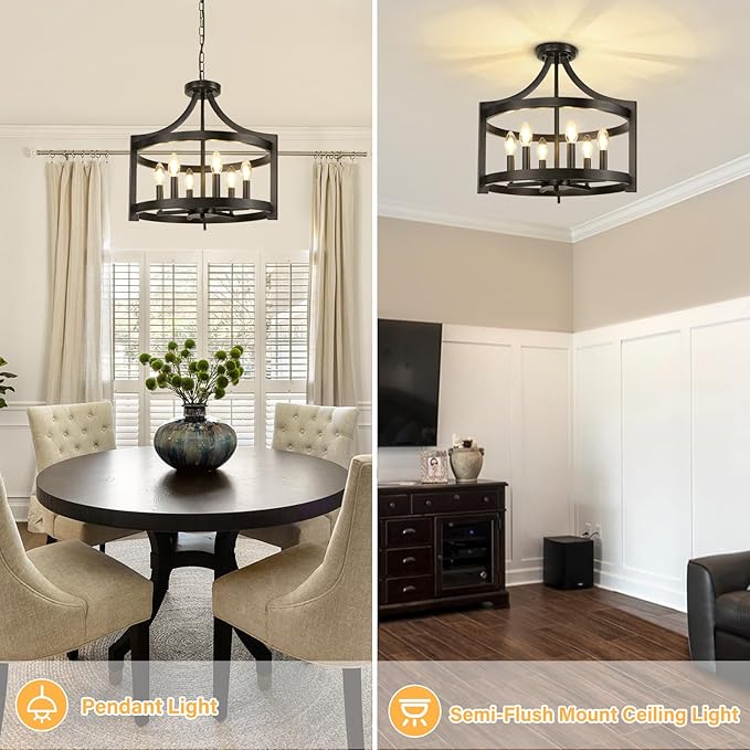 6-Light Black Chandelier, Modern Hanging Pendant Lighting, Convertible Semi Flush Mount Ceiling Light Fixture Rustic Vintage Farmhouse Chandeliers for Dining Room Kitchen Foyer Entryway