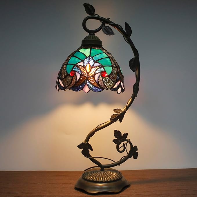 WERFACTORY Stained Glass Lamp Tiffany Style Bedside Table Lamp Reading Desk Light, Metal Leaf Base 8X10X21 Inches Decor Small Space Bedroom Home Office S160G Series