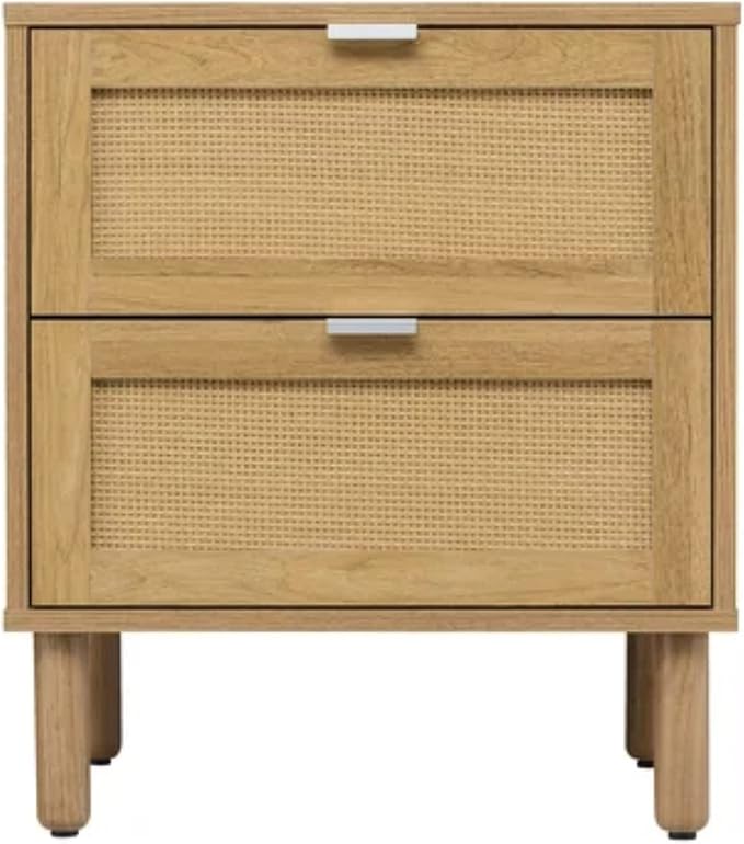 SANGO Orre 2-Drawer Nightstand, Modern Brown Bedside Table with Synthetic Rattan Drawer Panels, Cylindrical Wood Legs, Discreet Finger Pulls, Smart Storage for Living Room or Office Room