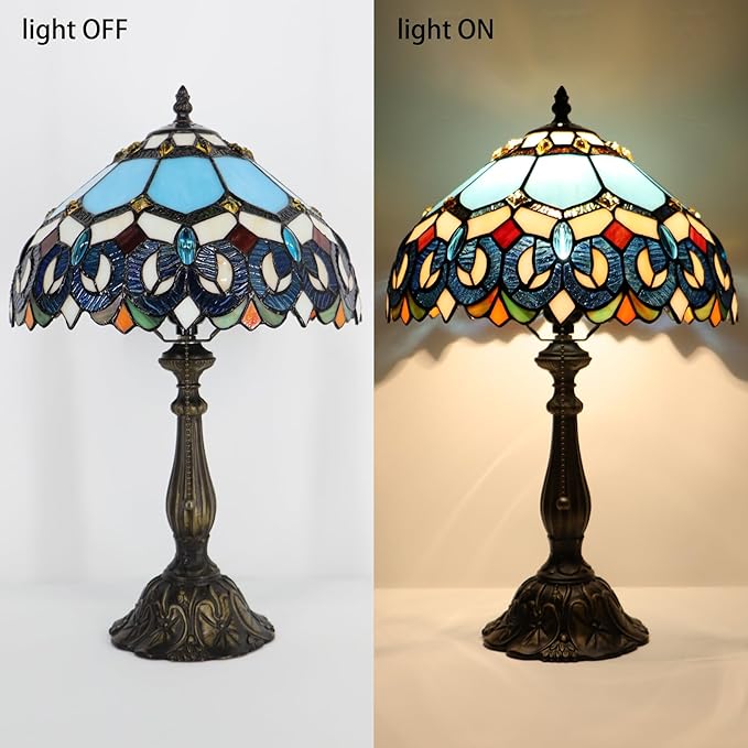 Tiffany Lamp Stained Glass Table Lamp Bedside Reading Light W12H19 Inches (Sapphire Style)